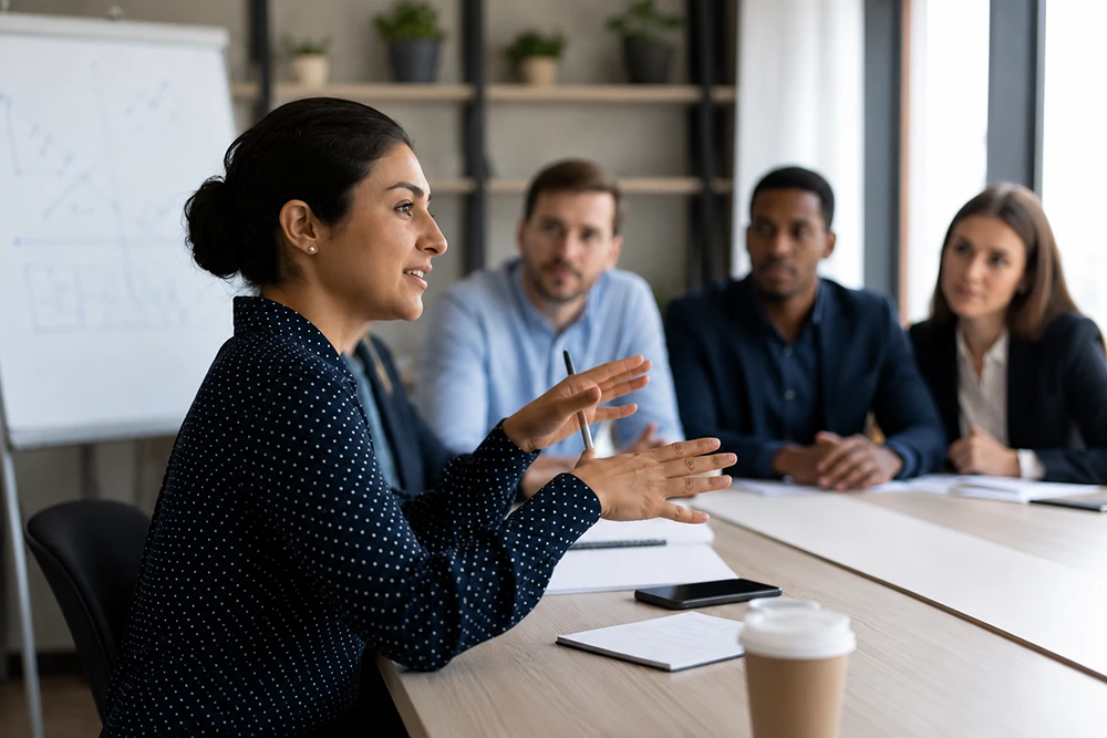 Responsable qualité en réunion de travail devant 3 collaborateurs