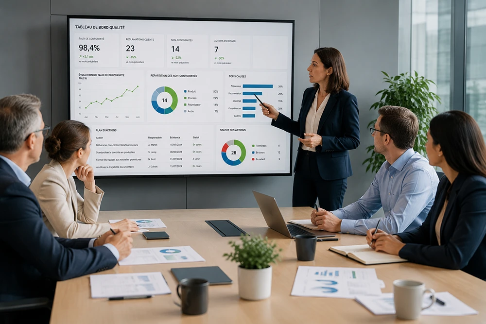 Responsable qualité présentation un tableau de bord qualité, taux de conformité, réclamation client etc.. devant un Comité de direction de 4 personnes
