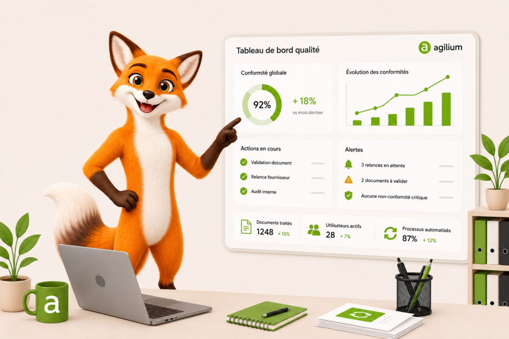 Renard mascotte Agilium présentant le tableau de bord qualité