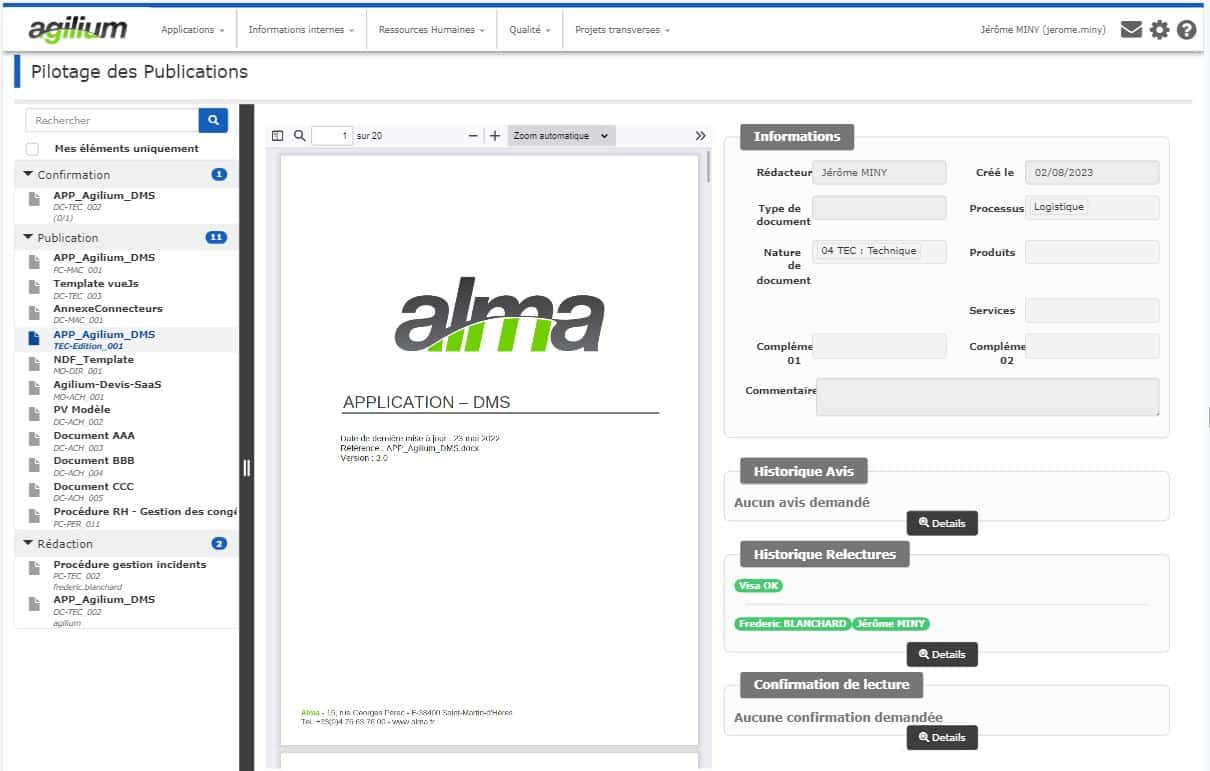 Capture d'écran du suivi des publications de documents qualité dans Agilium