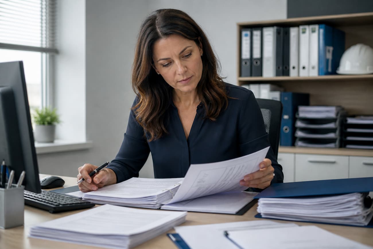 Responsable qualité vérifiant des classeurs de documents papier, illustration de la gestion documentaire manuelle avant Agilium